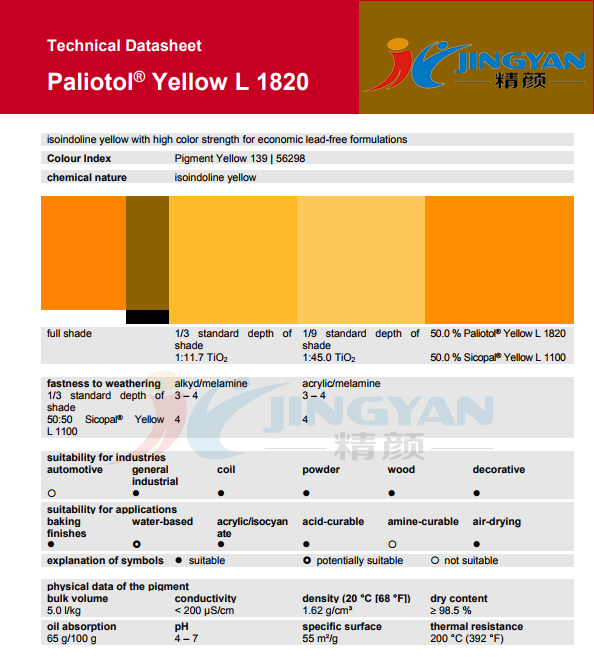巴斯夫顏料黃L1820高著色力異吲哚啉黃(顏料黃139)