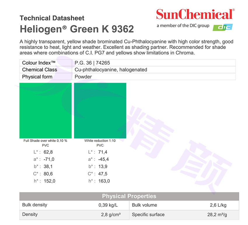 DIC Heliogen Green K9362酞菁綠有機(jī)顏料TDS